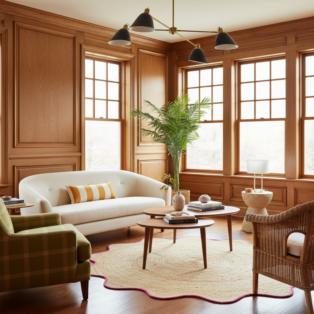 A beautifully styled living room featuring warm wood paneling and windows, furnished with a cream sofa, a green plaid armchair, a wicker chair, a round coffee table, and a large potted palm on a woven rug.