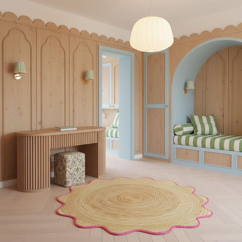 A beautifully styled children's bedroom featuring light wood paneling, a scalloped round woven rug with a pink border, a ribbed wooden desk, and a built-in daybed with green and white striped bedding under a blue archway.