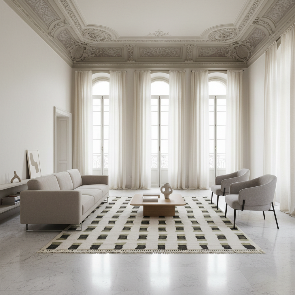 Modern living room with a geometric hand knotted rug, sofa, and chairs in a bright room.