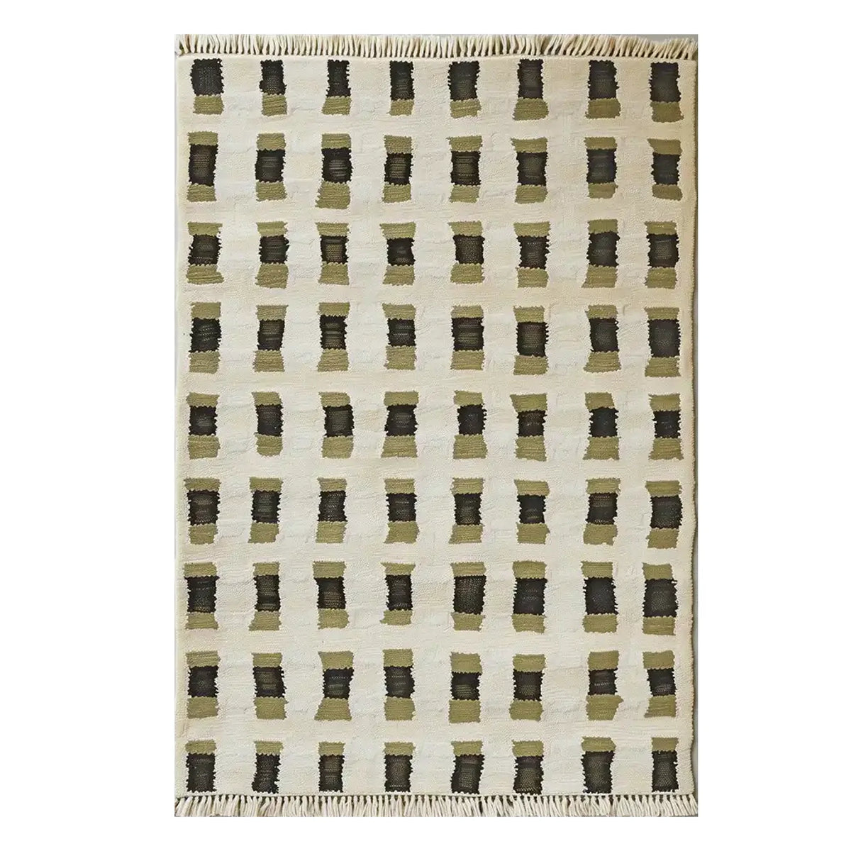 Rectangular rug with geometric pattern on a white background