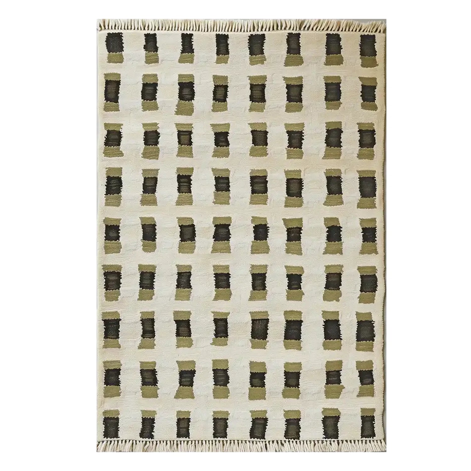 Rectangular rug with geometric pattern on a white background