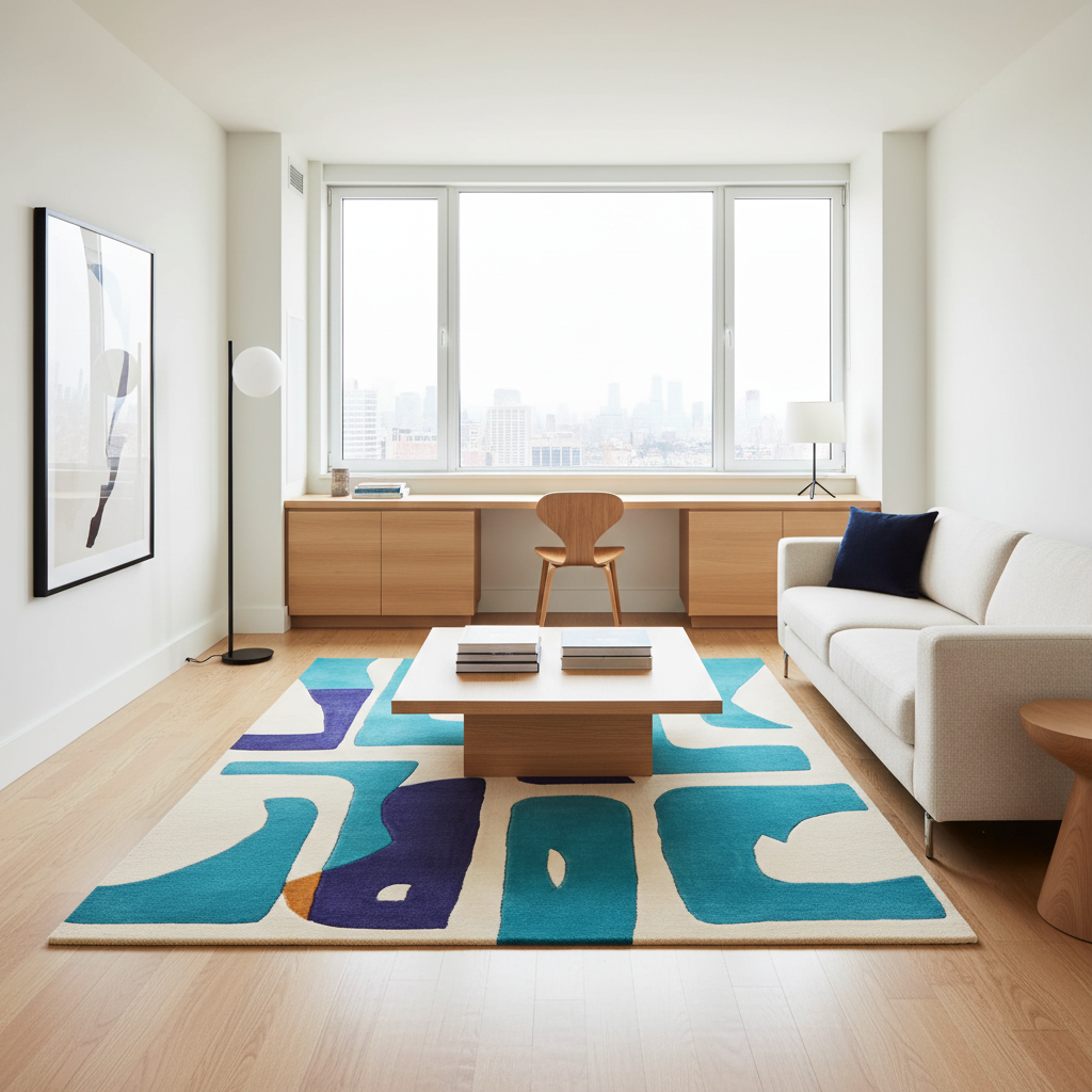 A modern living room with a large abstract area rug in teal, blue, purple, and cream, styled with a low wooden coffee table, a white sofa, and a desk by a large window.