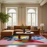 A styled living room featuring a large orange-brown sectional sofa with patterned throw pillows, set on a colorful abstract area rug. The room has classic cream paneled walls, tall arched windows with decorative iron grates, and a round wooden coffee table in the center.
