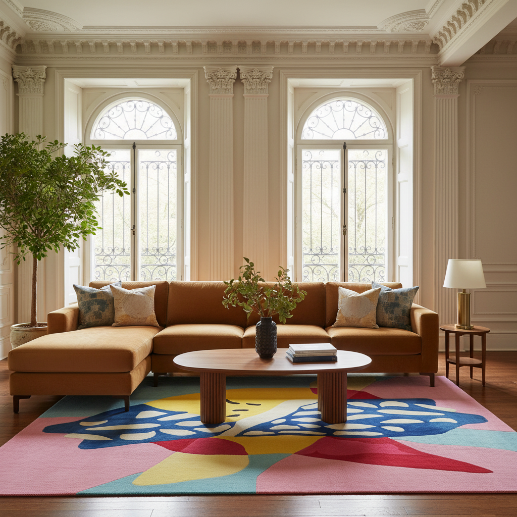 A styled living room featuring a large orange-brown sectional sofa with patterned throw pillows, set on a colorful abstract area rug. The room has classic cream paneled walls, tall arched windows with decorative iron grates, and a round wooden coffee table in the center.