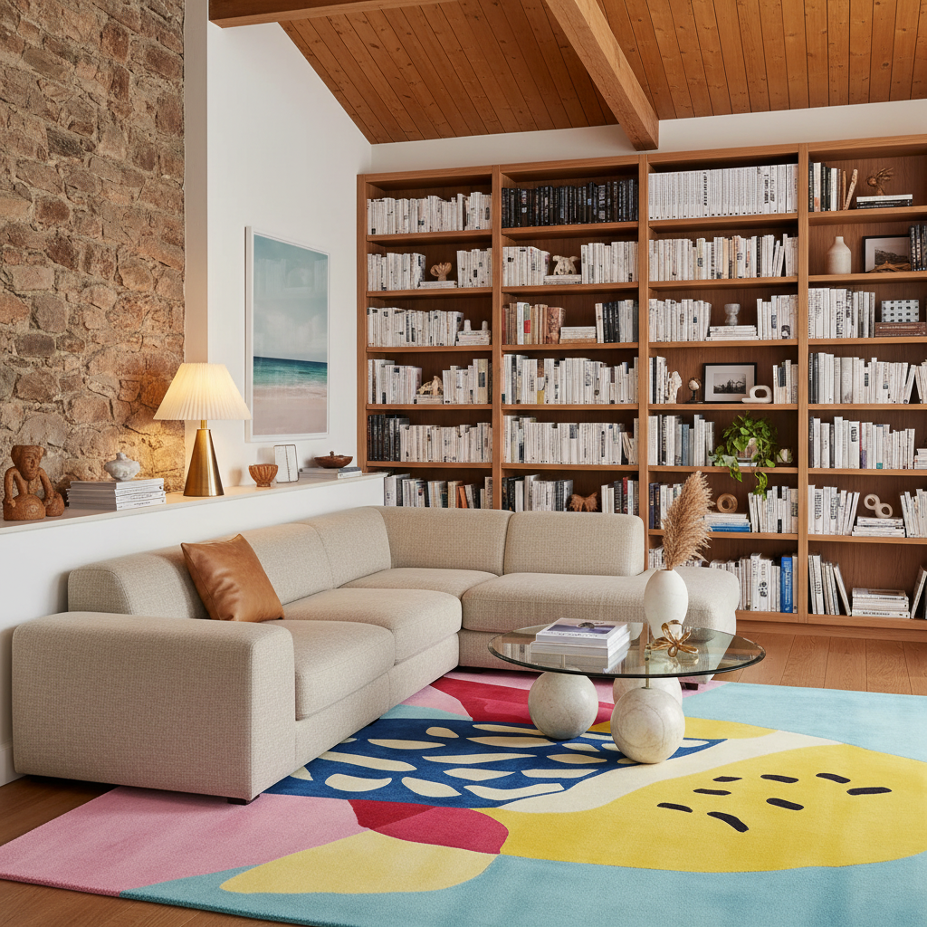 A modern living room featuring a beige sectional sofa, a large abstract area rug in pink, yellow, blue, and white, and a massive wooden bookshelf filled with books in the background.