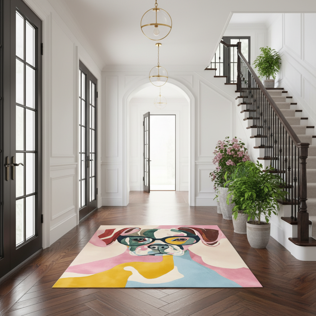 A colorful abstract dog portrait rug displayed on a dark wood hallway floor, with a staircase, potted plants, and pendant lights in the background.