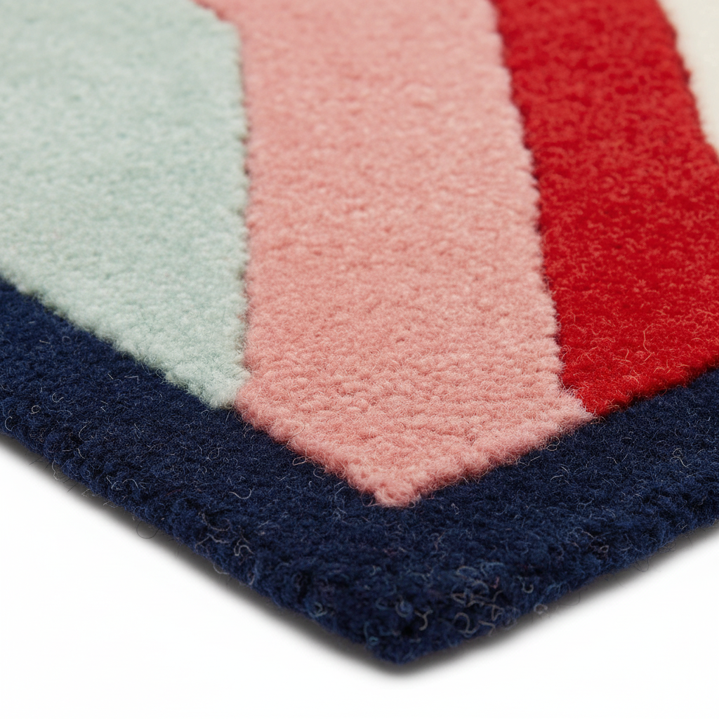 Close-up of a textured rug corner showing bold color-blocked stripes in pale mint, pink, red, and dark navy on a white background.