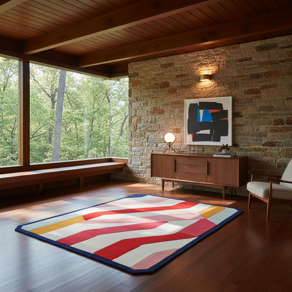 A modern abstract area rug with bold red, blue, yellow, and white geometric stripes lies on a dark wood floor in a mid-century modern living room with a stone wall, wooden ceiling, and large windows.