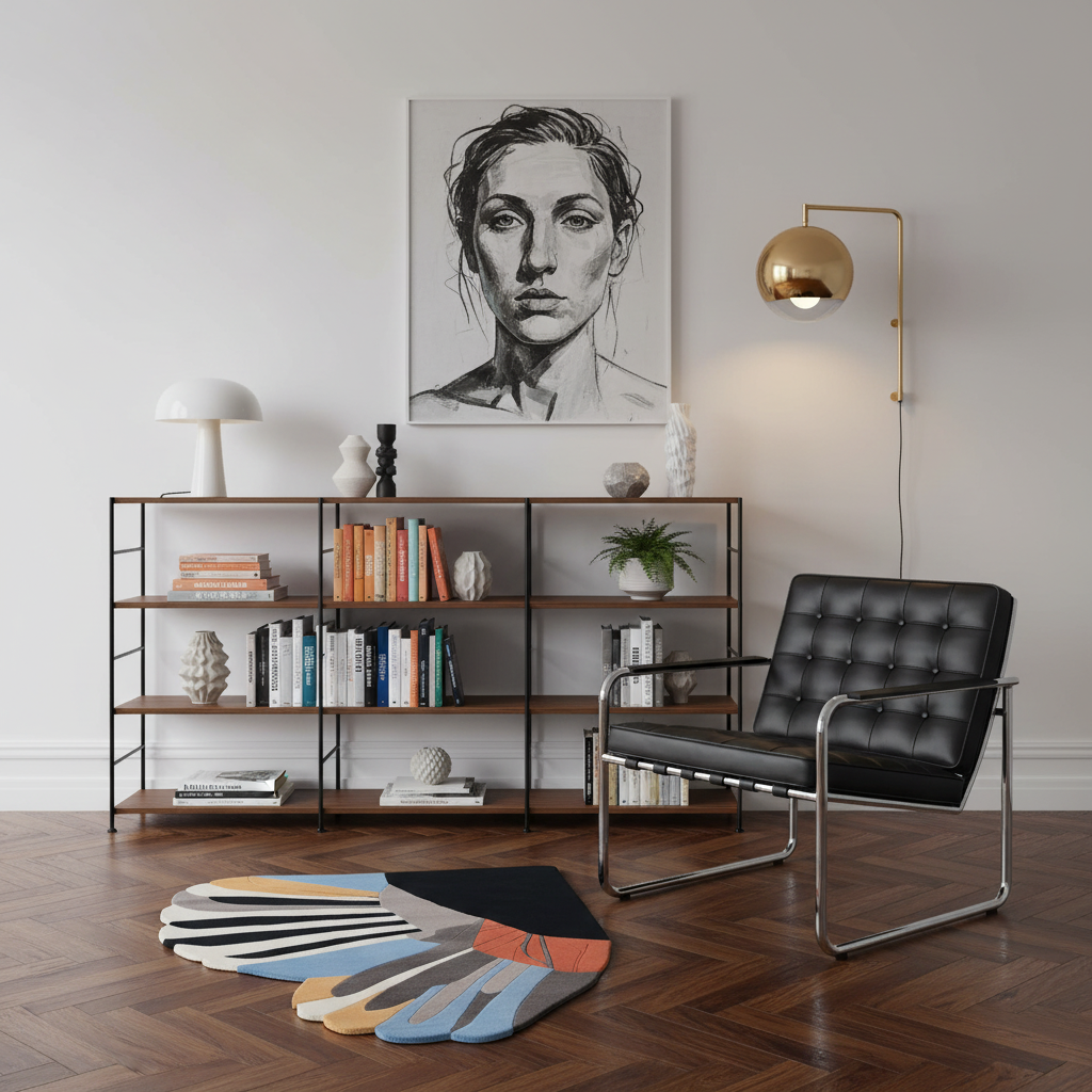 A modern black leather armchair with a chrome frame sits in a styled living room next to a black metal bookshelf with books and decor, beneath a black-and-white portrait painting on a light gray wall.