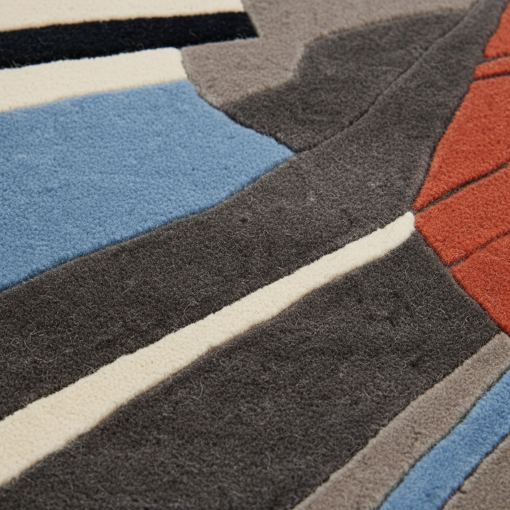 Close-up of a textured area rug with a modern geometric pattern featuring blocks of charcoal gray, slate blue, terracotta orange, cream, and taupe.