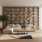 A modern living room featuring a large light wood bookcase wall, a cream sectional sofa, a round wooden coffee table, and a colorful abstract-patterned rug on a light wood floor.