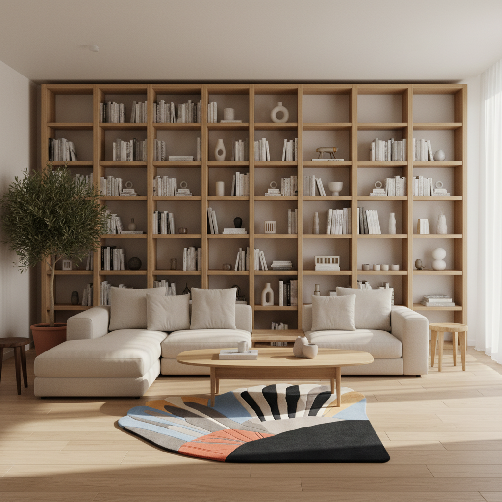 A modern living room featuring a large light wood bookcase wall, a cream sectional sofa, a round wooden coffee table, and a colorful abstract-patterned rug on a light wood floor.