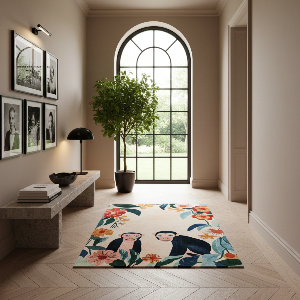 A rectangular area rug with a whimsical monkey and floral print, styled in a modern, warm-toned hallway with a large arched window, bench, and potted plant.