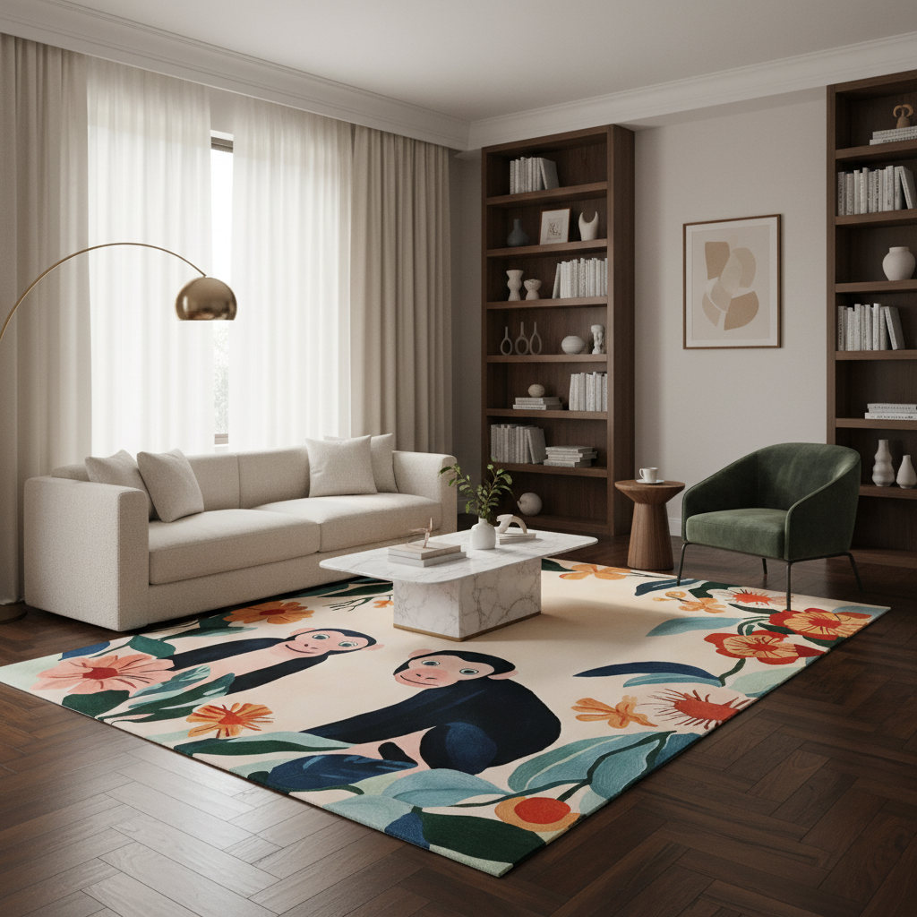 A large rectangular area rug with a colorful floral and human figure pattern, styled in a modern living room with a cream sofa, marble coffee table, dark green armchair, and dark wood bookshelves.