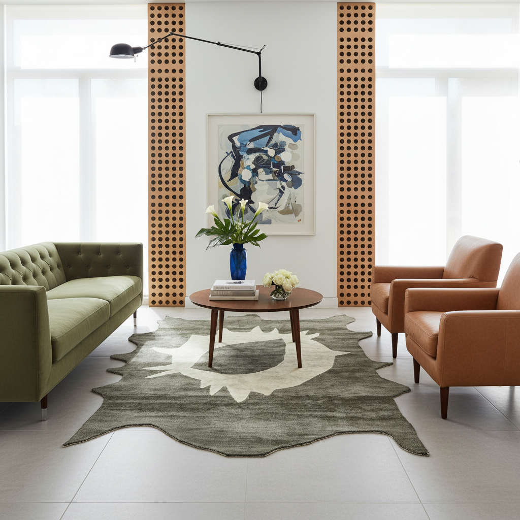 A styled living room interior featuring a large irregular-shaped gray and cream rug on a light tile floor, with a green sofa, tan armchairs, a round wooden coffee table, and abstract wall art.