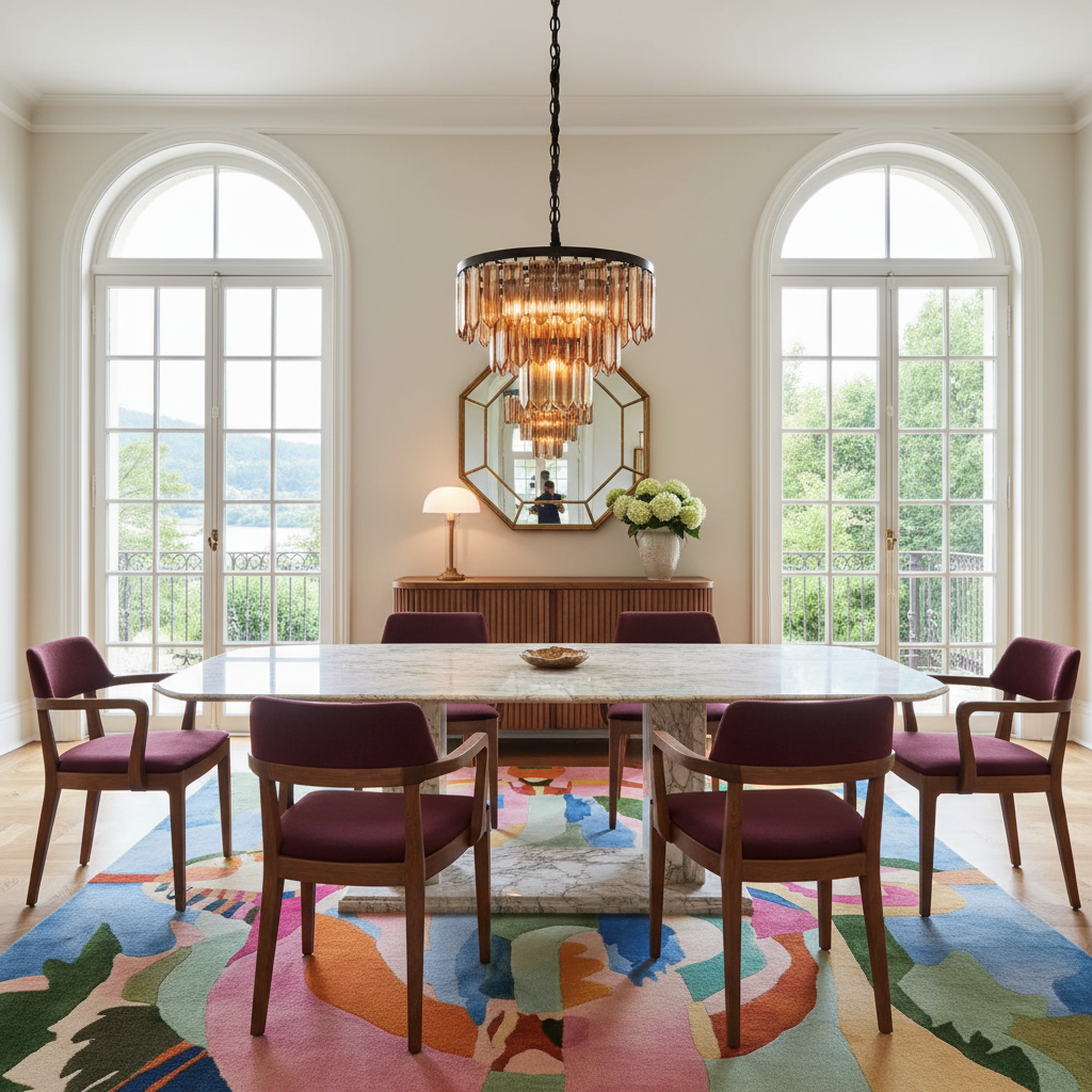 A luxury dining room featuring a modern dining set with a rectangular white marble table and six mid-century modern chairs with deep burgundy upholstery. The room is decorated with a vibrant, multicolored abstract patterned area rug, a gold-framed octagonal mirror, and a large crystal chandelier. Two tall arched windows with white frames look out onto a green landscape.