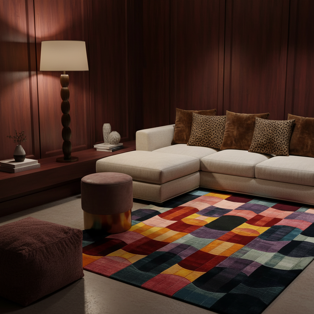 A modern living room scene featuring a large rectangular area rug with a colorful geometric patchwork pattern in shades of red, orange, yellow, blue, and green. The rug is styled in a contemporary setting with a cream sectional sofa, leopard-print pillows, a dark wood-paneled wall, a floor lamp, and a matching brown pouf.