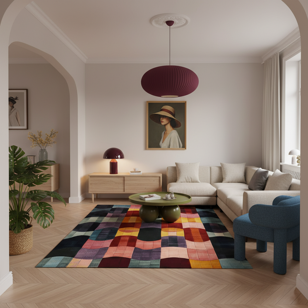 A styled living room interior with a colorful patchwork area rug on a light wood herringbone floor, a cream sectional sofa, a green coffee table, a blue accent chair, and a burgundy pendant light.