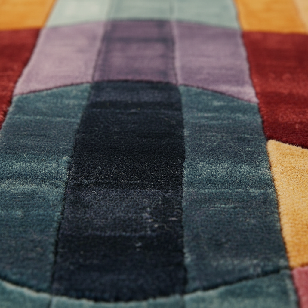 Close-up of a colorful geometric area rug with a textured pile, featuring blocks of teal, navy, purple, red, and yellow.