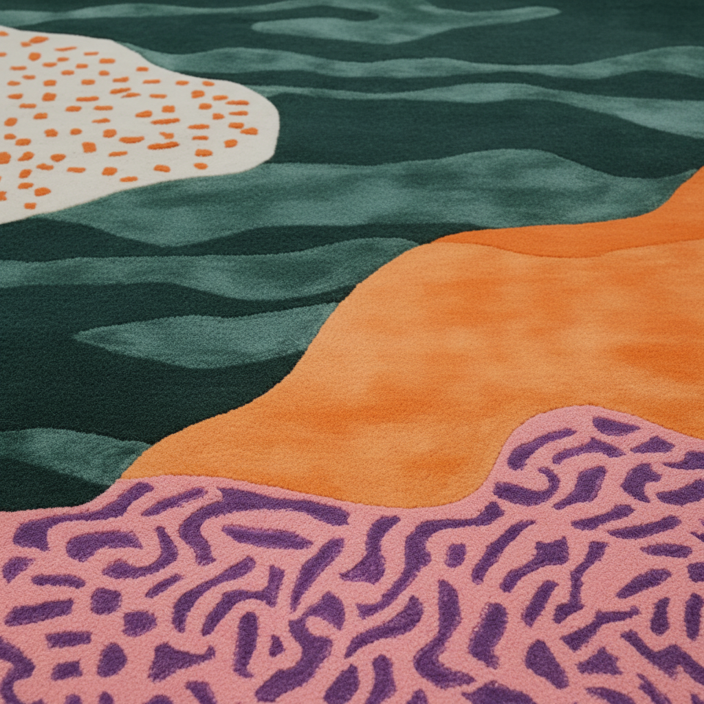 Abstract area rug with organic wavy shapes and textured patterns in dark teal, orange, pink, and purple.