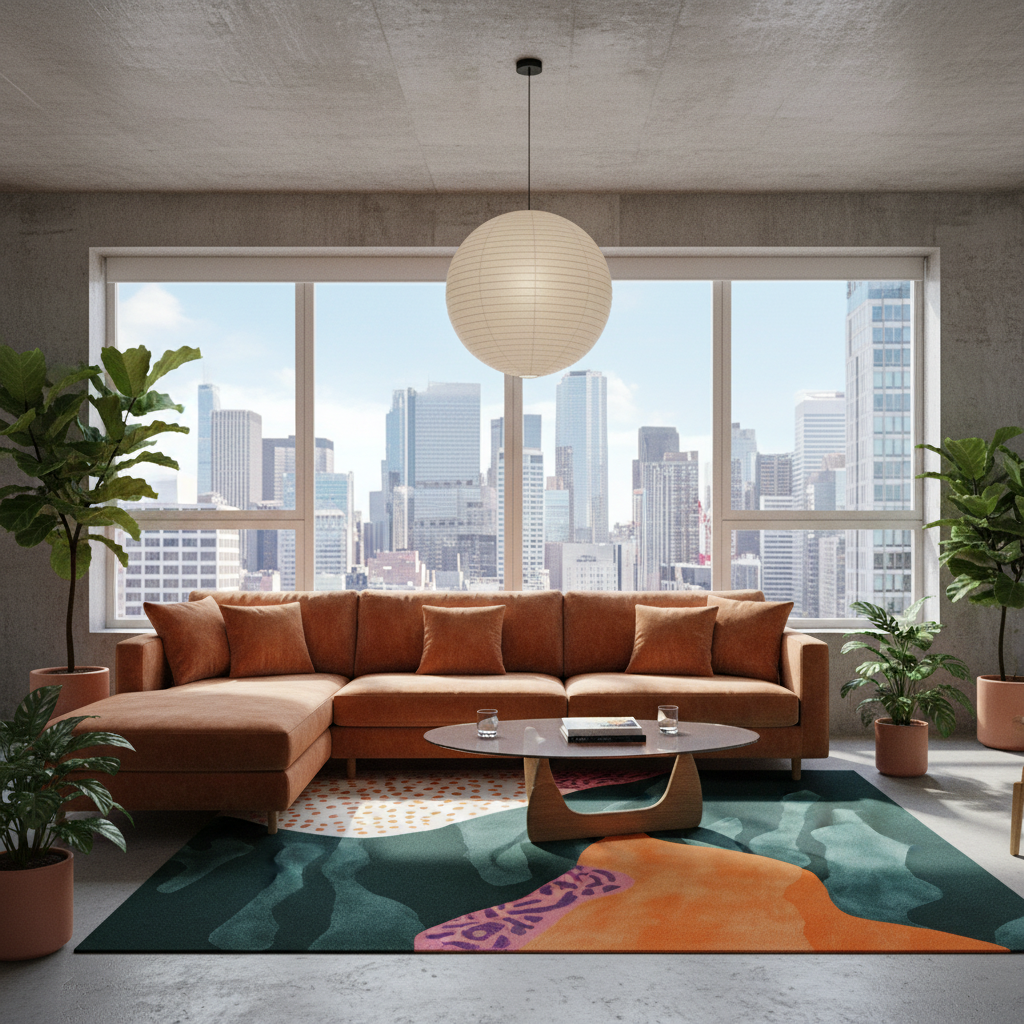 A modern living room with a large sectional sofa in warm rust-brown upholstery, set in front of a large window with a city skyline view. The room features a green and orange abstract patterned rug, a round wooden coffee table, potted plants, and a large white paper lantern pendant light hanging from the ceiling.