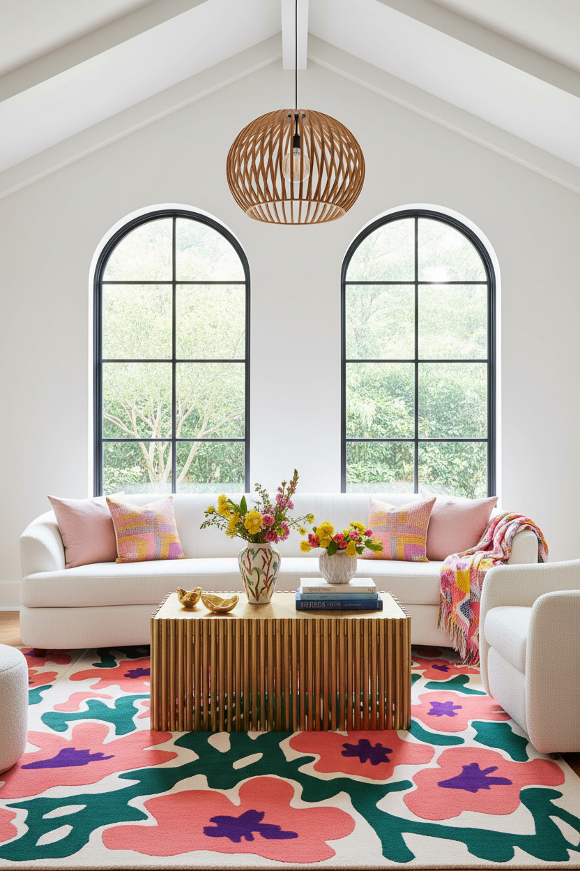 A bright, modern living room with a white sectional sofa, pink accent pillows, a slatted wood coffee table, a colorful floral area rug, and a woven pendant light hanging from a high vaulted ceiling.
