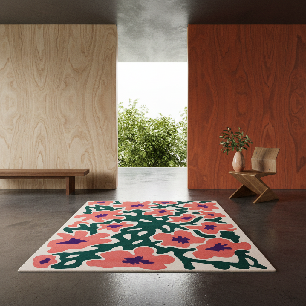 A rectangular area rug with an abstract floral pattern in coral pink, purple, and dark green on a cream background, styled in a modern minimalist interior with wood-paneled walls and a concrete floor.