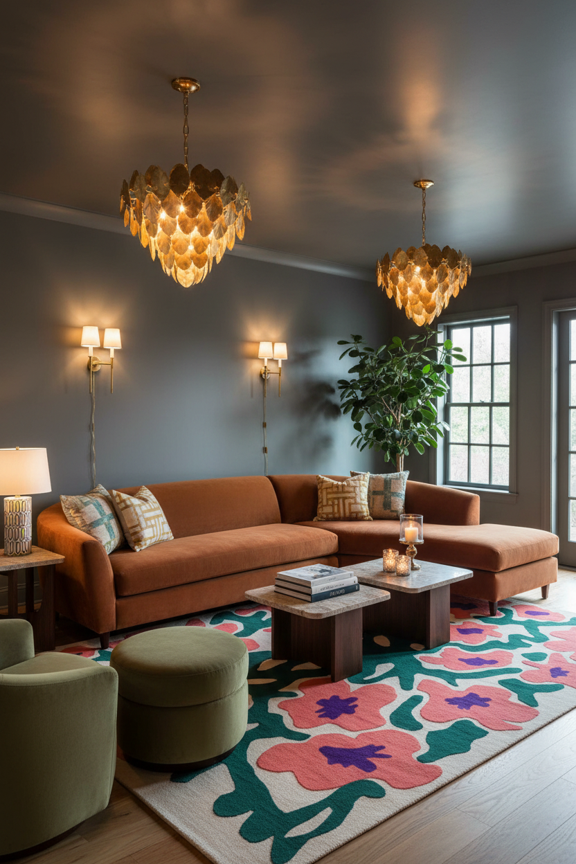 A styled living room featuring a rust-orange sectional sofa with patterned pillows, two gold leaf chandeliers, a colorful floral area rug, and a green plant in the background.