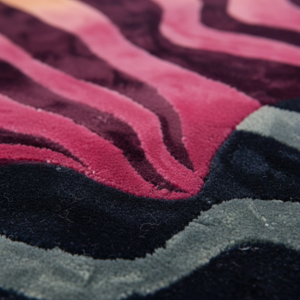Close-up of a plush textured rug with wavy, flowing stripes in pink, burgundy, charcoal, and muted green.