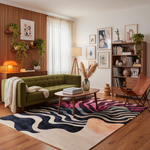 A styled living room interior featuring a green tufted sofa, a colorful abstract-patterned area rug, a wooden coffee table, a brown leather chair, and a bookshelf against a white wall with framed art.