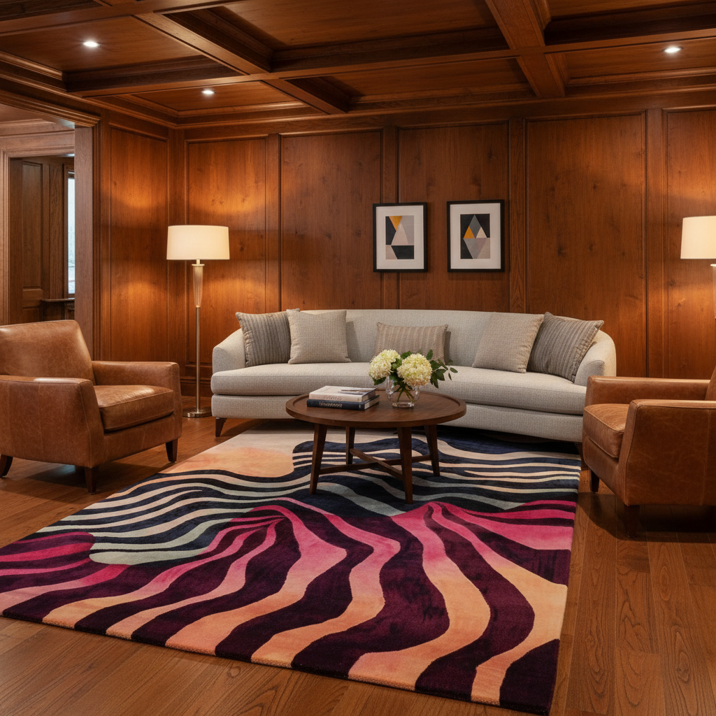 A large area rug with a bold wavy abstract pattern in pink, purple, blue, and beige, styled in a warm wood-paneled living room with a sofa, leather armchairs, and a coffee table.