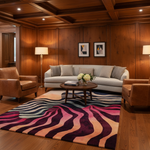 A large area rug with a bold wavy abstract pattern in pink, purple, blue, and beige, styled in a warm wood-paneled living room with a sofa, leather armchairs, and a coffee table.