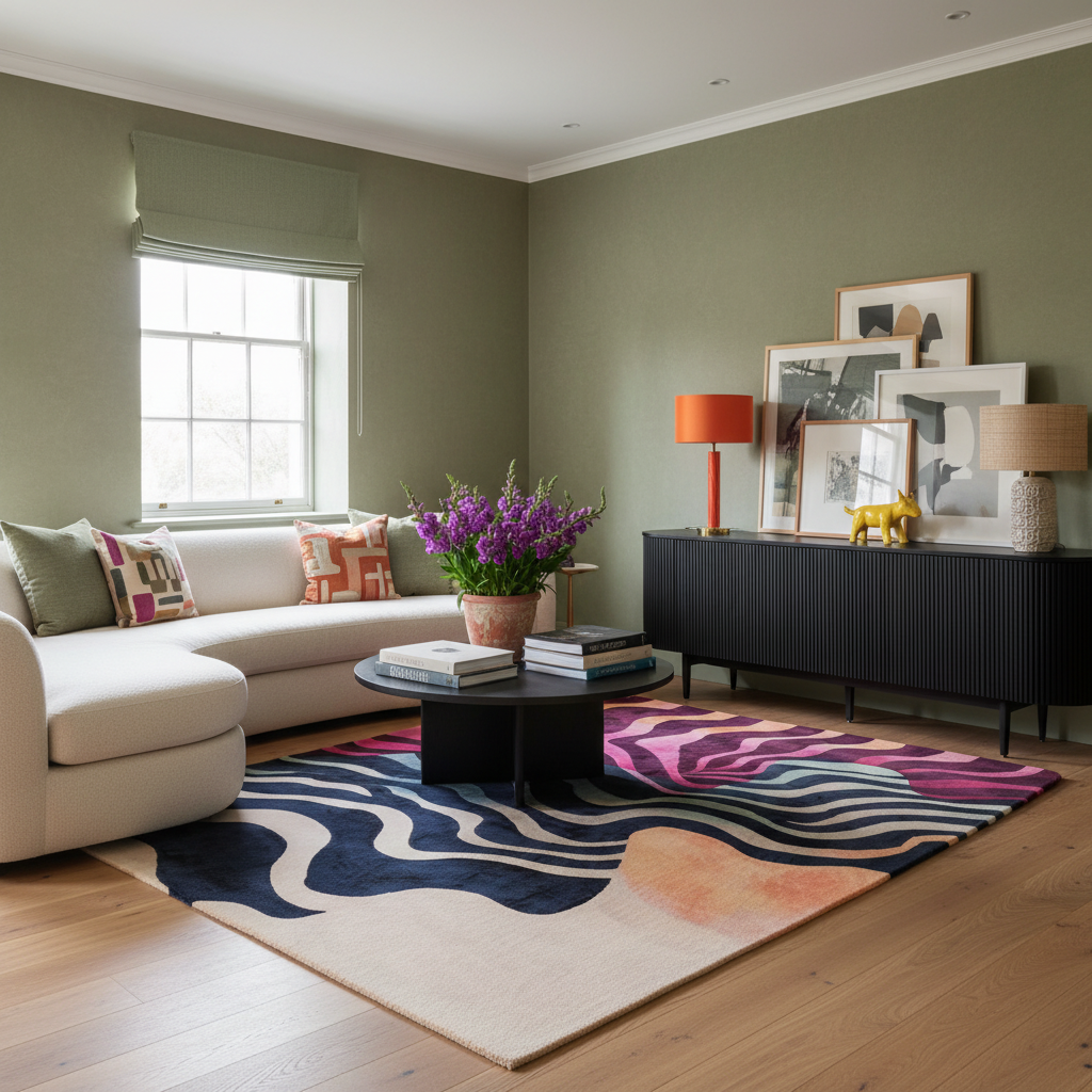 A styled living room interior with sage green walls, a cream sectional sofa, a black sideboard with framed art and lamps, a colorful abstract area rug, and a round black coffee table with a vase of purple flowers.