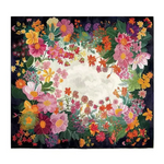 A square floral tapestry or wall hanging with a dense border of colorful flowers around a central white square, set against a dark background.