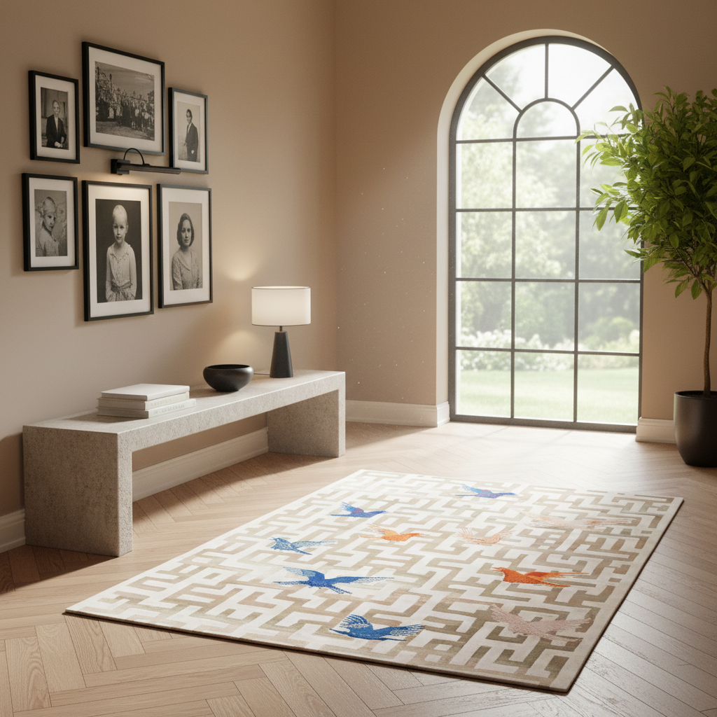 A large rectangular area rug with a beige and cream geometric maze pattern and scattered blue, orange, and gray bird motifs, styled in a modern living room with a concrete bench, framed black-and-white portraits, and a large arched window.