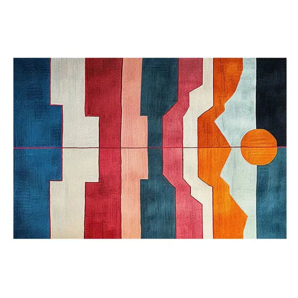 A rectangular area rug with a bold geometric and abstract design featuring vertical stripes in blue, cream, red, pink, orange, and dark navy, with a circular orange motif on the right side.