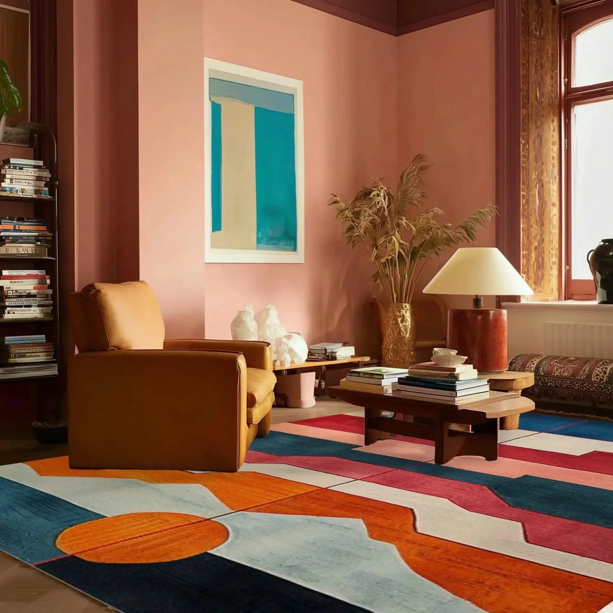 Living room with a colorful geometric rug, brown armchair, and pink walls.