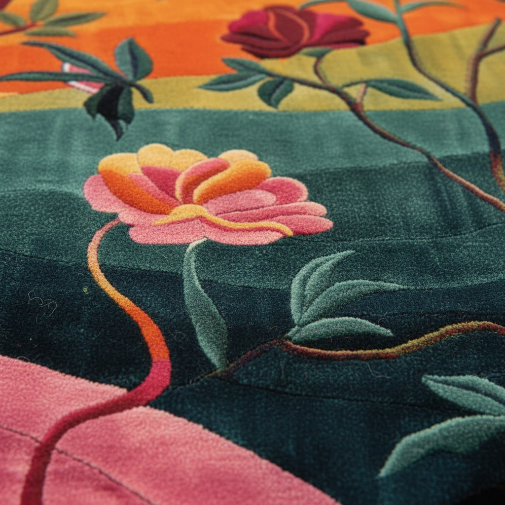 Close-up of a colorful embroidered textile or rug pattern featuring layered flowers in pink, yellow, and orange, green leaves, and a dark teal background.