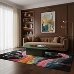 A styled living room interior featuring a brown velvet sofa, a green rectangular coffee table, a large colorful abstract floral area rug, built-in wood shelving, and a framed abstract wall art piece.