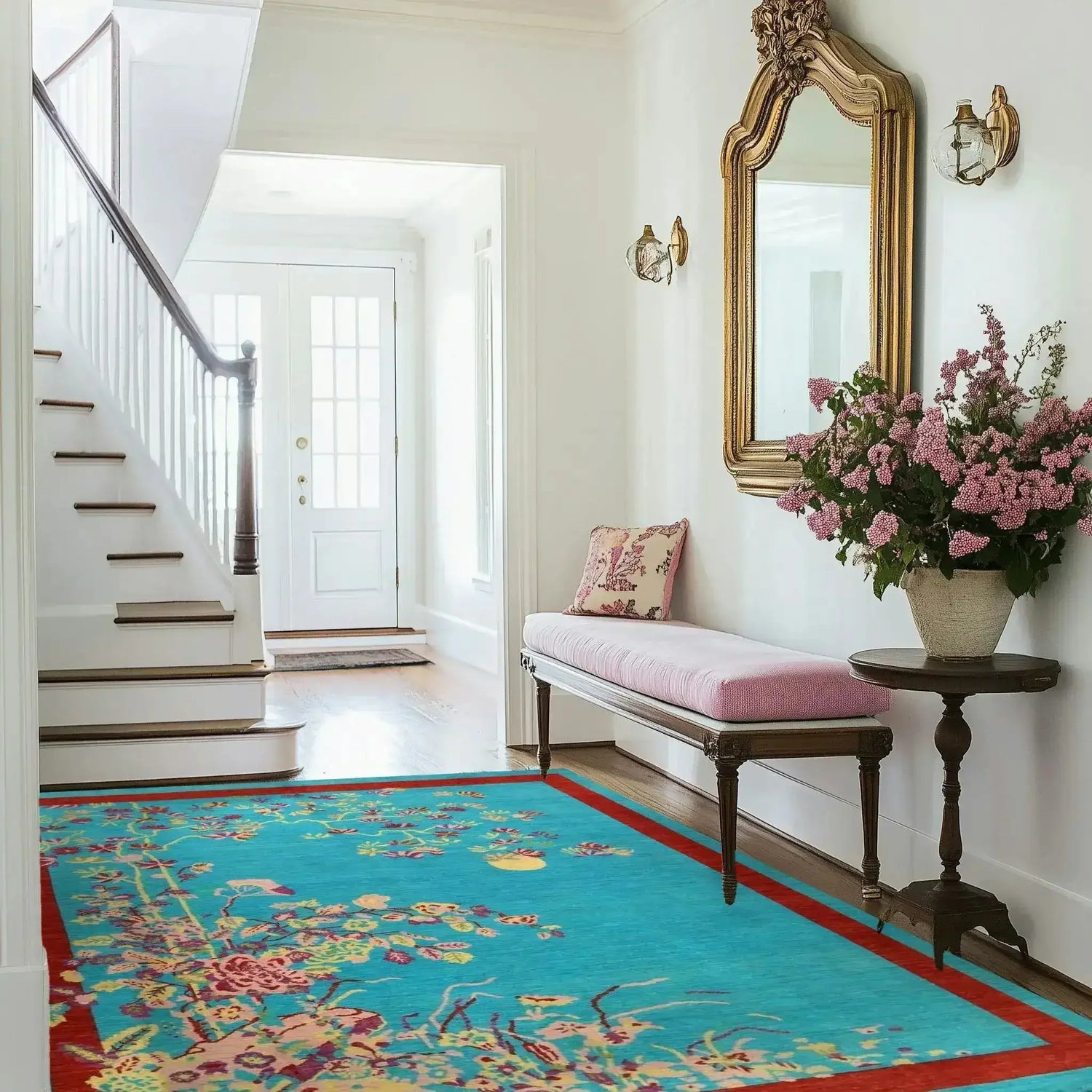 Red Bordered Spring Floral in the Blue Sky Wool Hand Knotted Area Rug