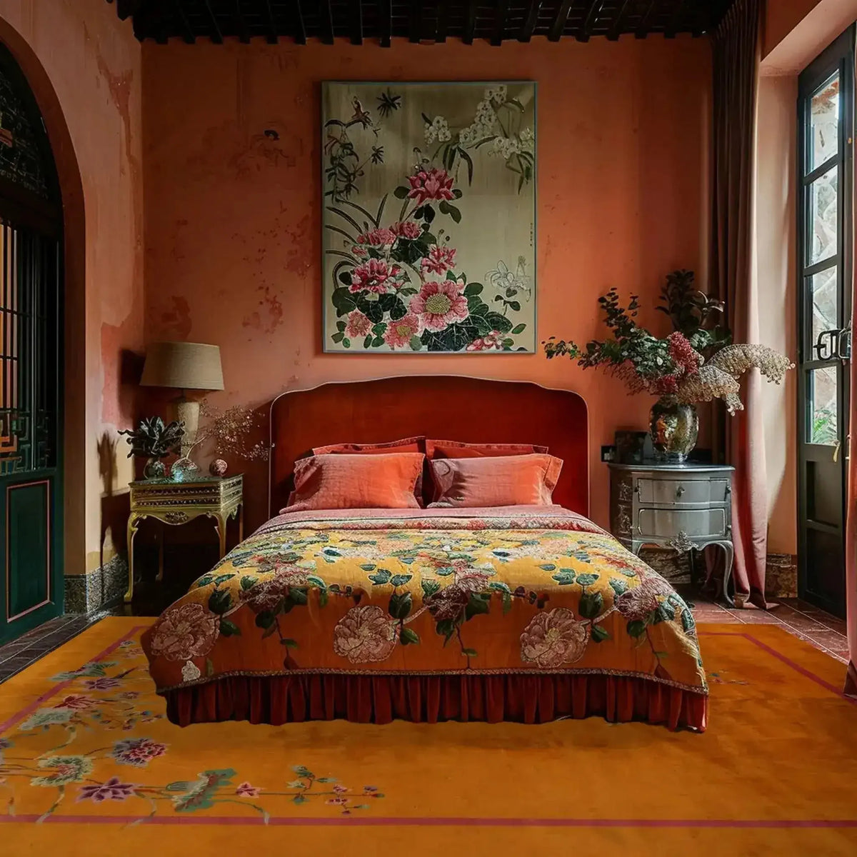 Decorative bedroom with floral bedspread, wall art, and orange rug.
