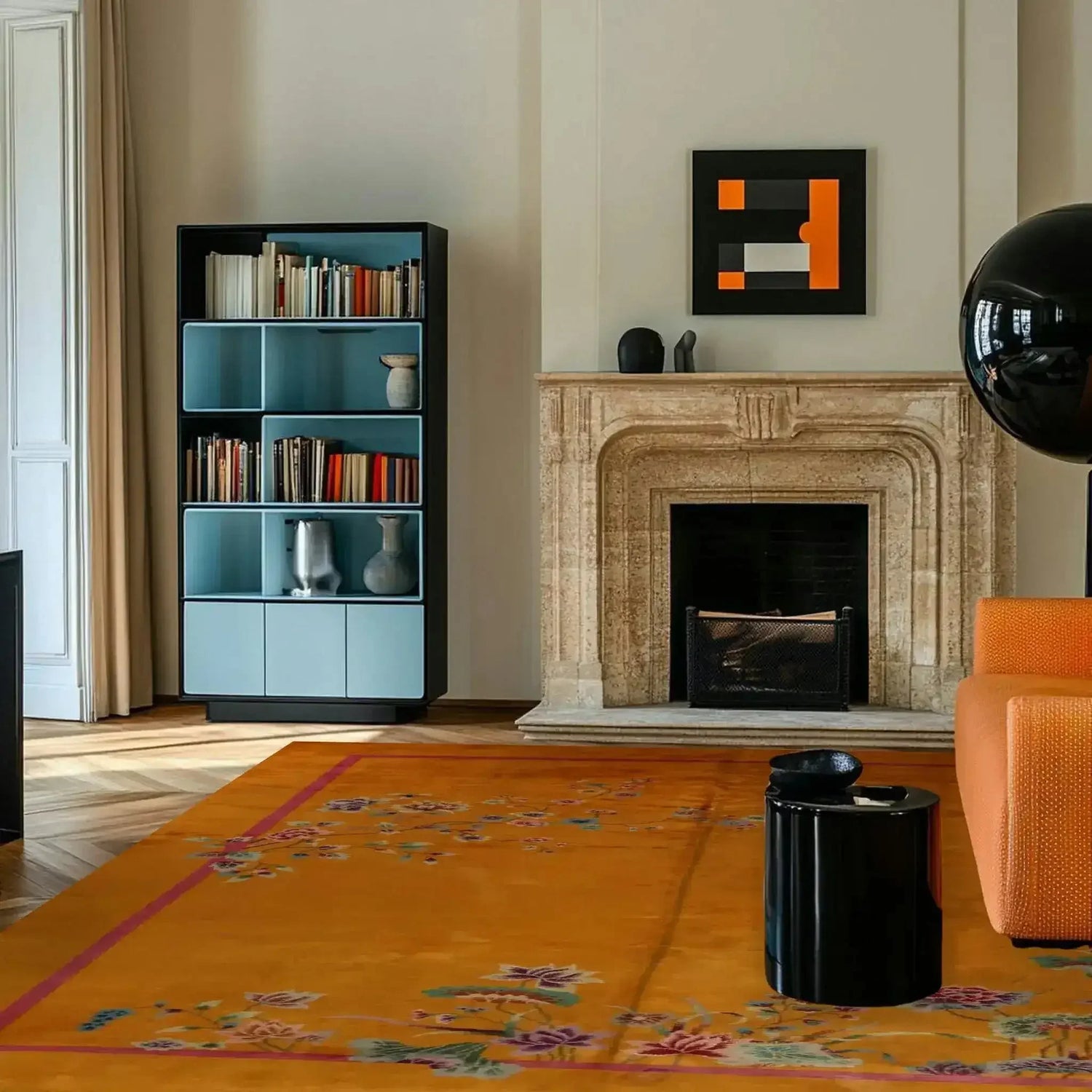 Red Bordered Spring Floral in the Golden Sky Wool Hand Knotted Area Rug