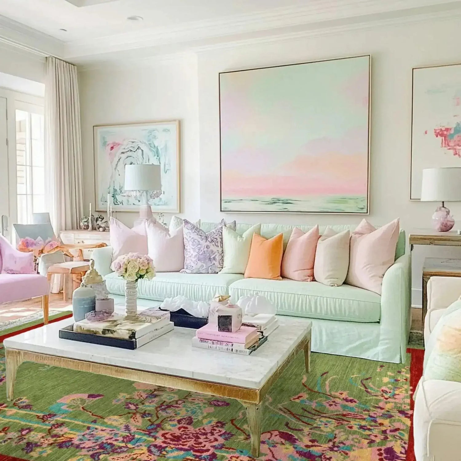 Red Bordered Spring Floral in the Green Sky Wool Hand Knotted Area Rug