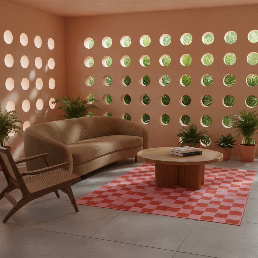 A modern living room scene with a curved tan sofa, round wooden coffee table, checkered coral-red and white rug, and a wall of circular cutouts showing green foliage outside. No people or animals are present.