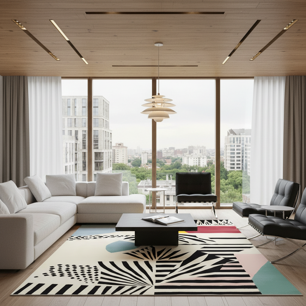 A modern living room with a light beige sectional sofa, black leather accent chairs, a black coffee table, and a bold geometric area rug. Large floor-to-ceiling windows offer a view of the city skyline, and the room is styled with a light wood ceiling, recessed lighting, and white and taupe curtains.