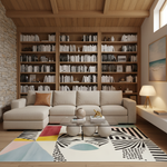 A modern living room featuring a large beige sectional sofa, a low glass coffee table with spherical bases, and a colorful geometric area rug. The room is styled with a massive wooden bookcase filled with books, a stone wall on the left, and warm wood ceiling panels.