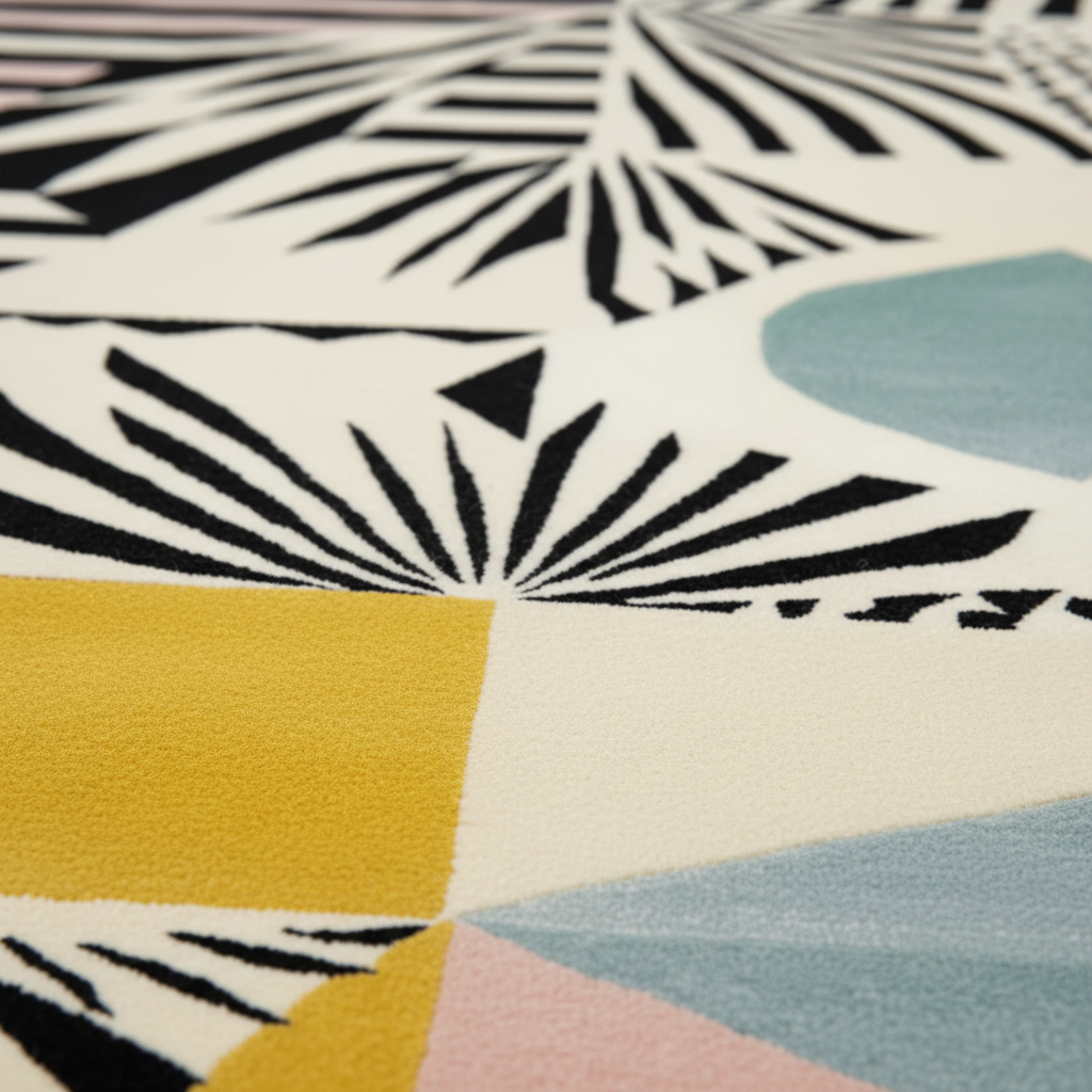 Close-up of a modern geometric area rug with a cream base, bold black fan-like stripes, a large mustard yellow block, a pale blue shape, and a soft pink section.