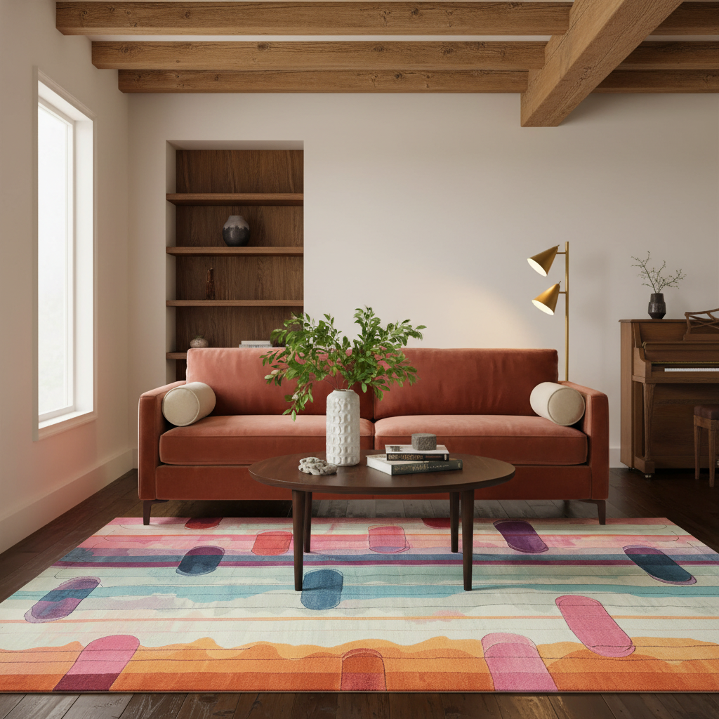 A modern living room featuring a rust-orange mid-century modern sofa, a colorful abstract patterned area rug, a round dark wood coffee table, and a white vase with a green plant in the center.