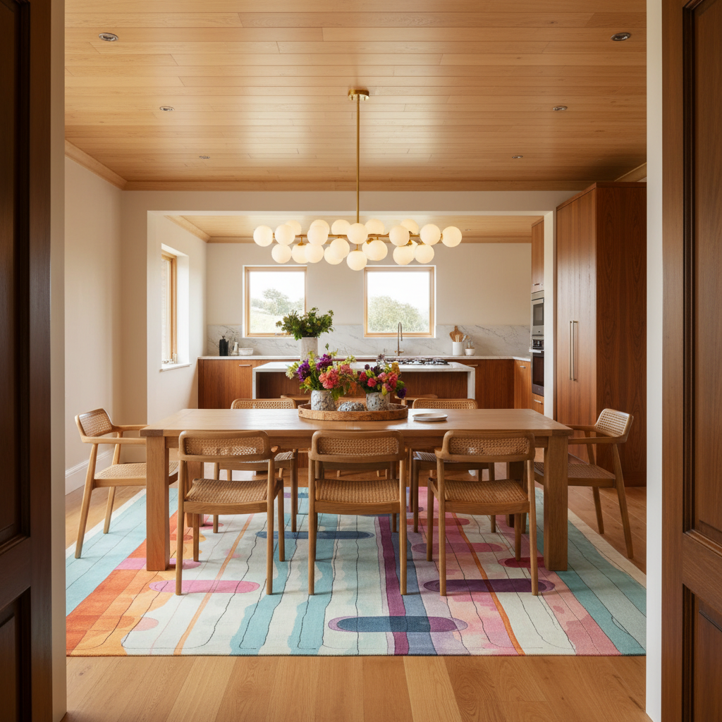 A modern dining room scene with a rectangular wooden dining table and six woven-back chairs placed on a colorful striped area rug. A large glass globe chandelier hangs above the table. The room has light wood walls, a wood ceiling, and an open view into a kitchen in the background.