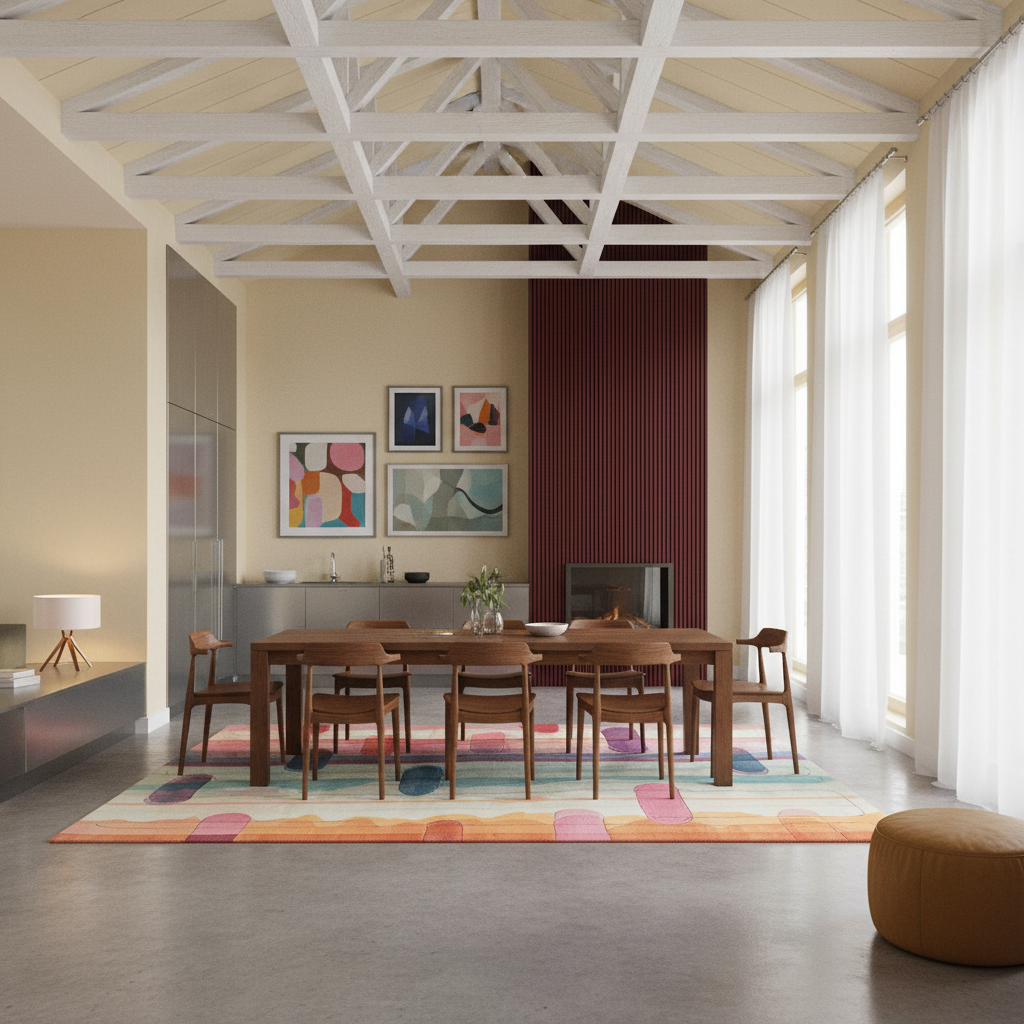 A modern dining room interior featuring a rectangular wooden dining table surrounded by six matching wooden chairs, set on a colorful geometric patterned area rug. The room has a high ceiling with white exposed beams, white sheer curtains, and a dark burgundy accent wall in the background.